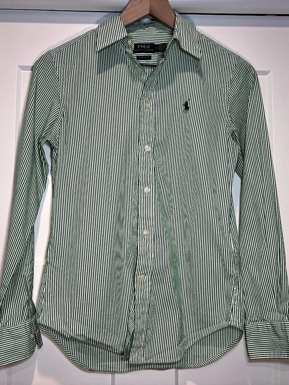 Polo Ralph Lauren Classic Fit Green & White Striped Cotton Shirt, Size 0